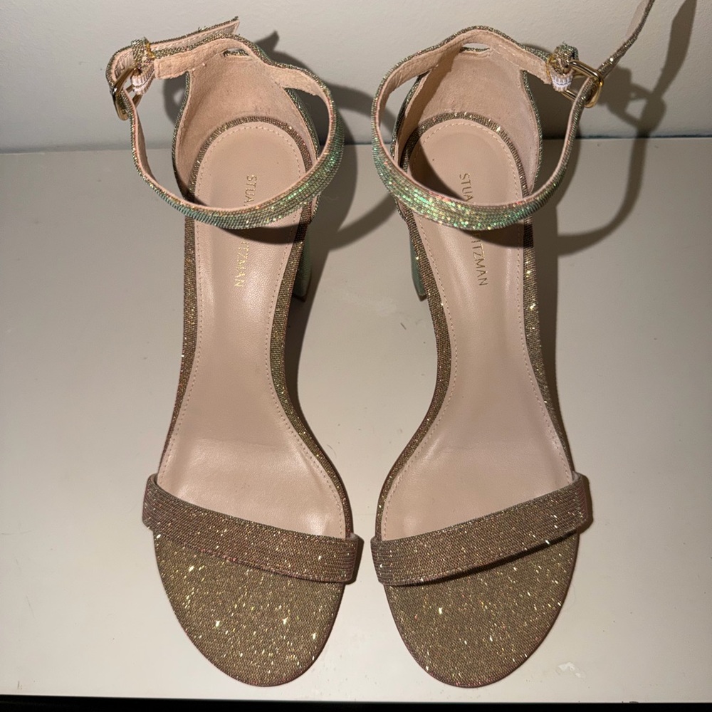 Stuart Weitzman Iridescent Gold-Glitter Ankle-Strap Block Heels. Sz 6.5. NWOB - Picture 5 of 9